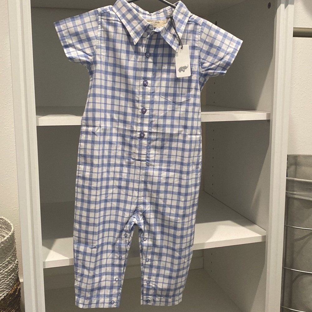 Blue plaid one piece polo outfit- Monica + Andy brand